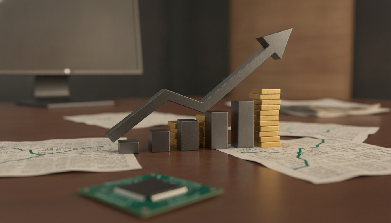 A metallic upward arrow rises above gray and gold bars on scattered papers, with a blurred circuit chip in front.