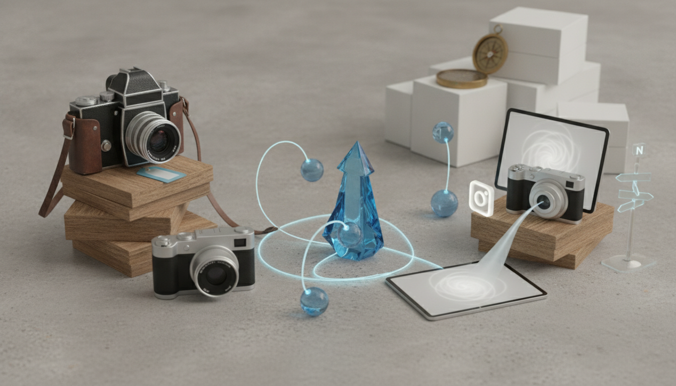 two vintage cameras on wooden blocks surround a blue crystal with glowing loops, screens, and small blue spheres