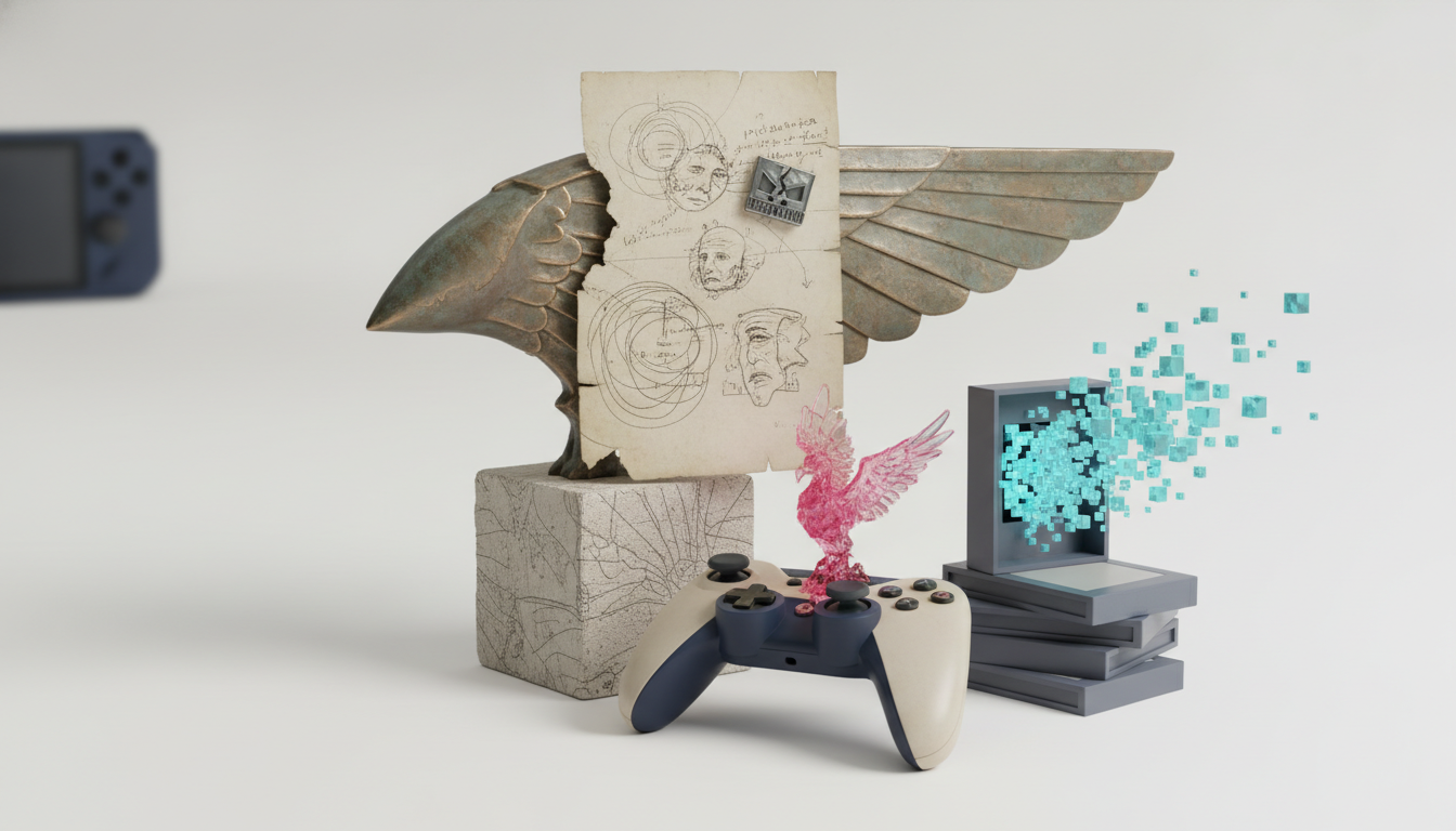 a winged metallic sculpture stands behind a sketch-filled paper sheet, with a game controller, a small pink figure, and a pixelated screen beside it