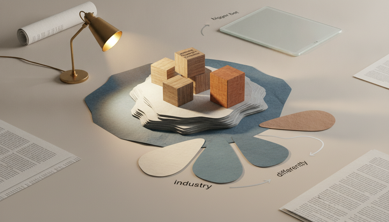 wooden blocks on layered paper shapes beside a desk lamp, tablet, and scattered pages