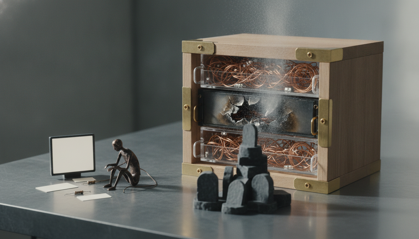 A small wooden box with brass corners emits smoke beside a tiny seated figure, a blank square screen, and scattered small pieces on a table.