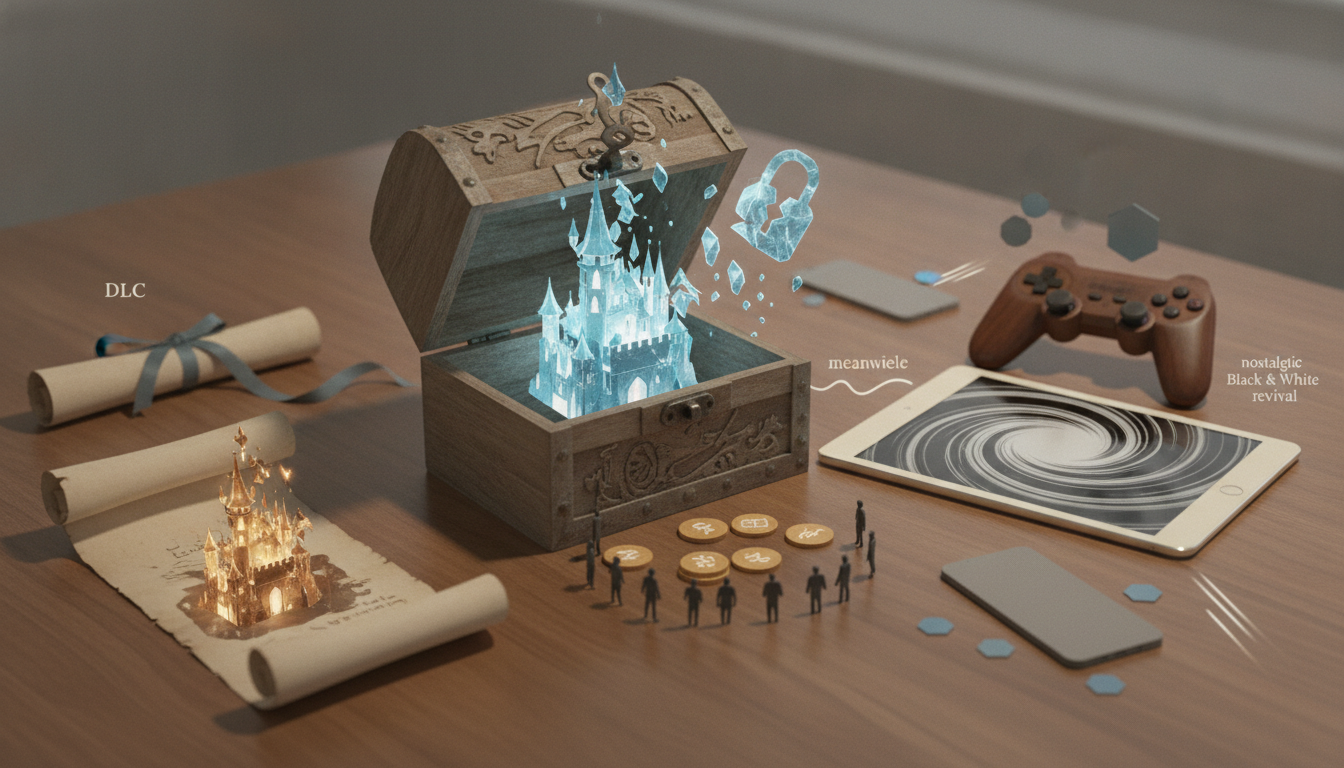 wooden chest with glowing blue castle, rolled papers with a golden castle, tablet, game controller, coins, tiny figures, and hexagonal pieces on a table