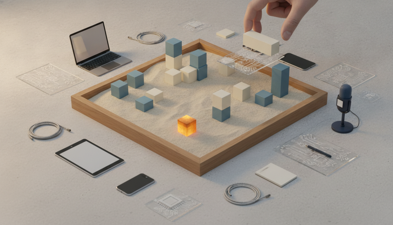 wooden tray filled with sand and small blue and white blocks, with glowing orange cube, cables, tablets, phones, laptop, microphone, and a hand placing a block