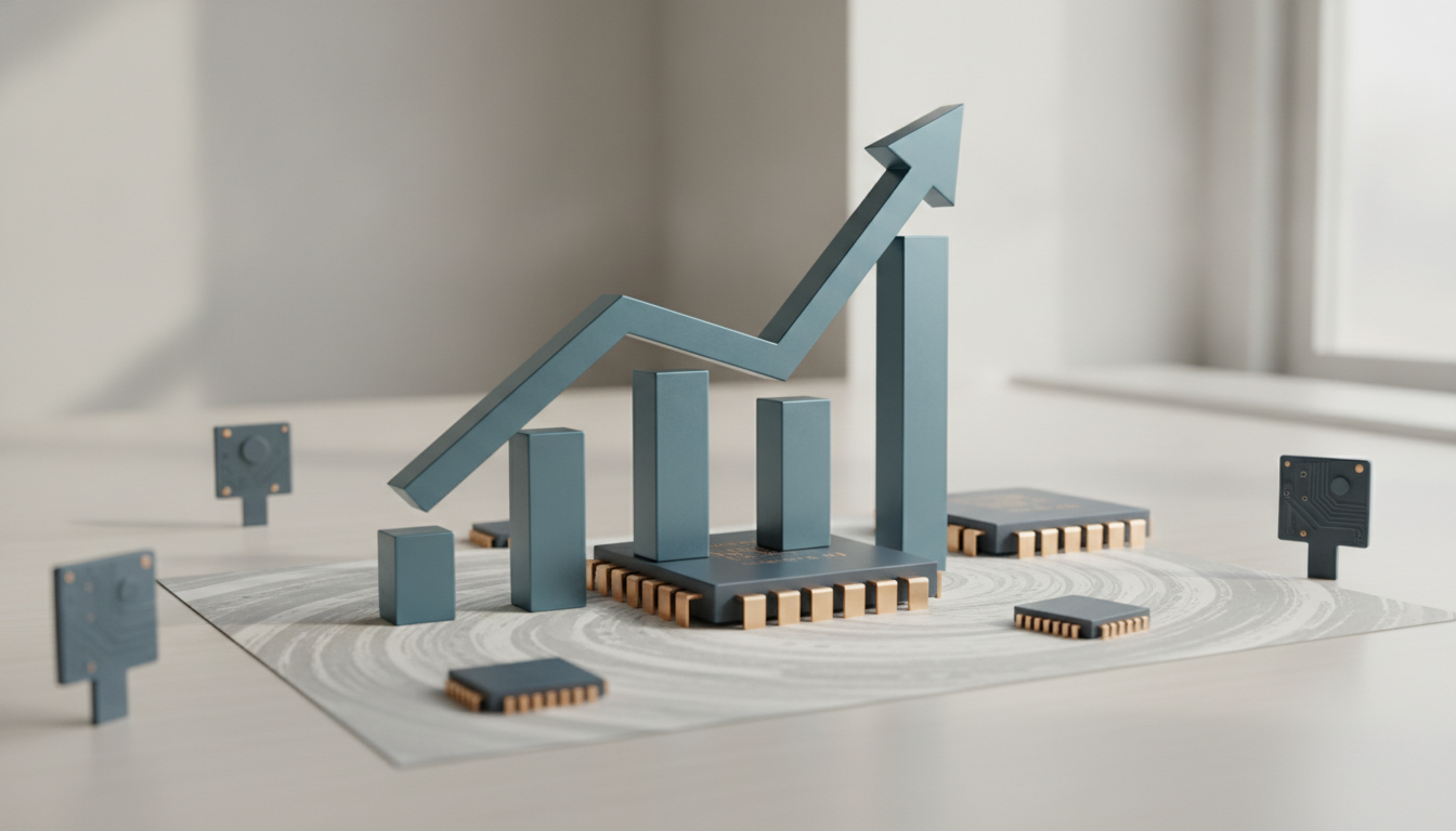 A 3D bar graph with an upward trend line is surrounded by several small computer chip-like objects on a light surface.
