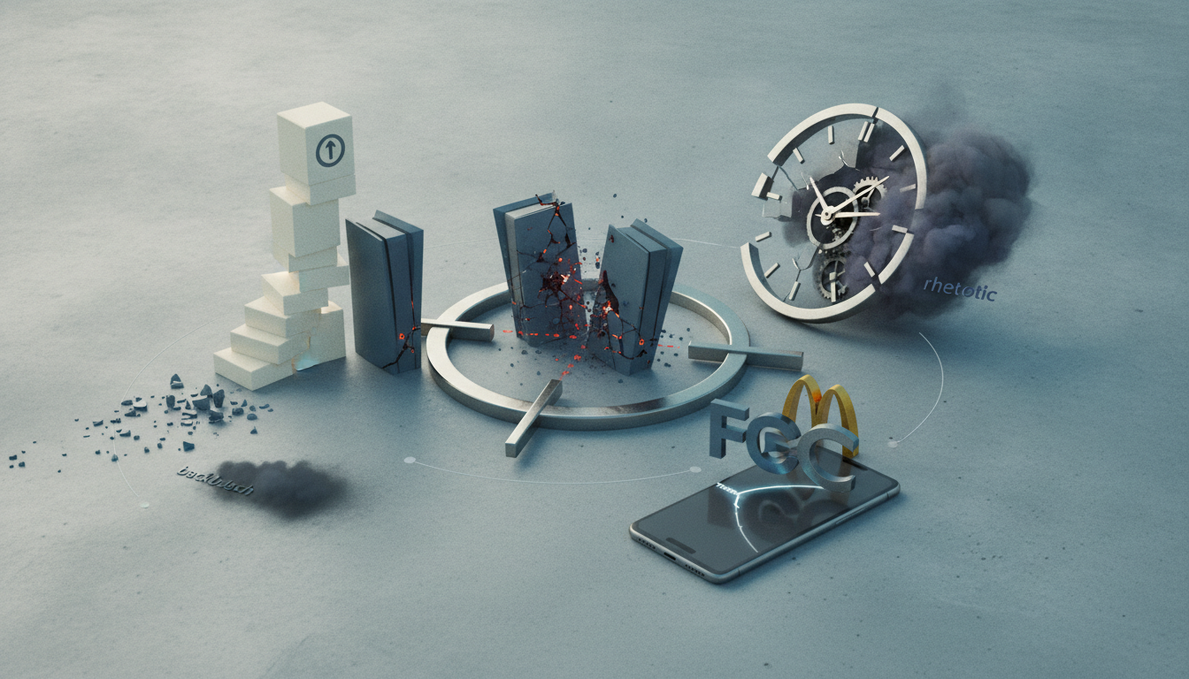 Abstract blocks and rings sit on a gray surface with smoke, shattered pieces, and a smartphone nearby.