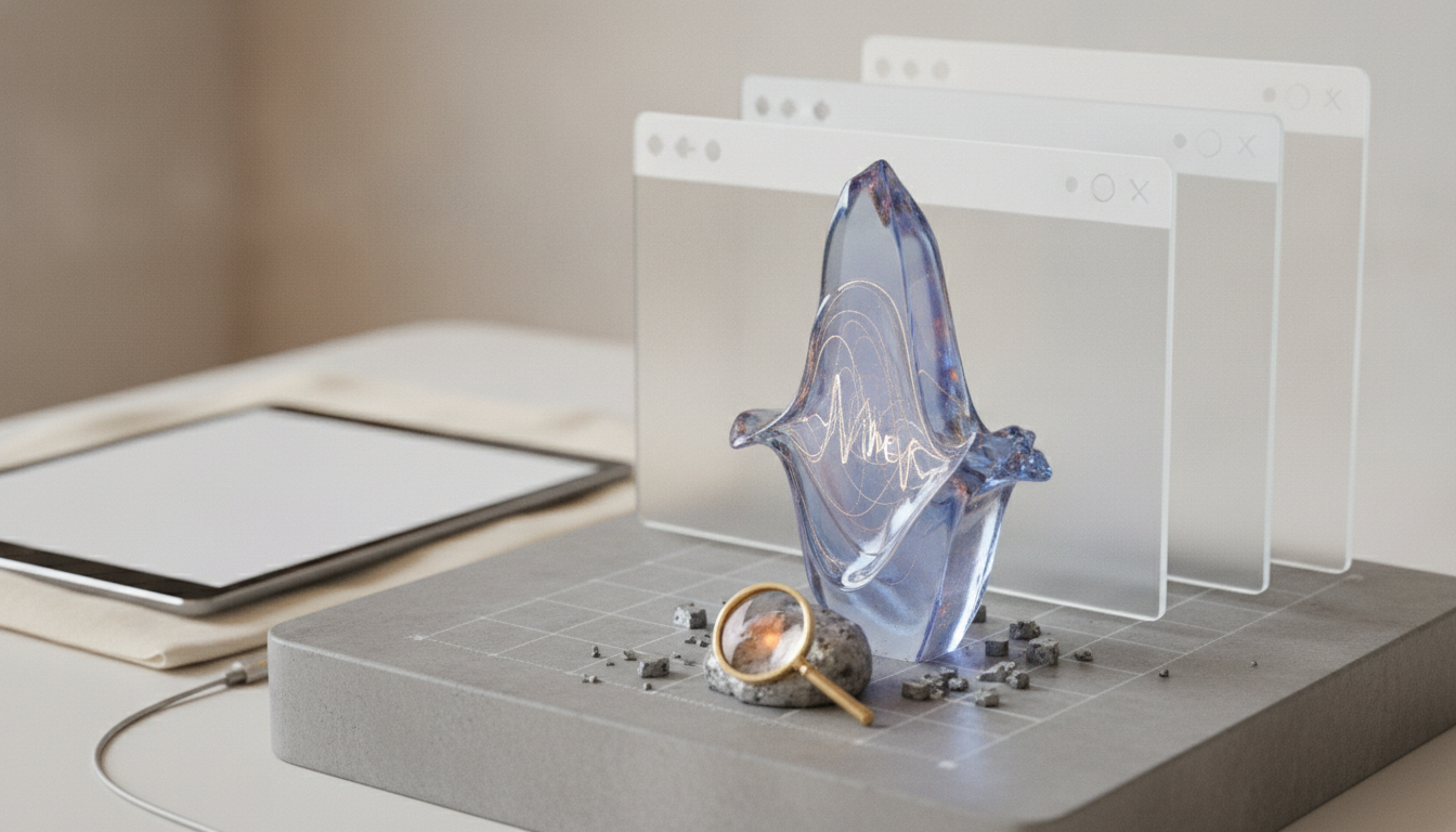 A blue abstract sculpture with golden lines sits on a grey grid base, next to a magnifying glass on a rock, with a tablet and translucent panels in the background.