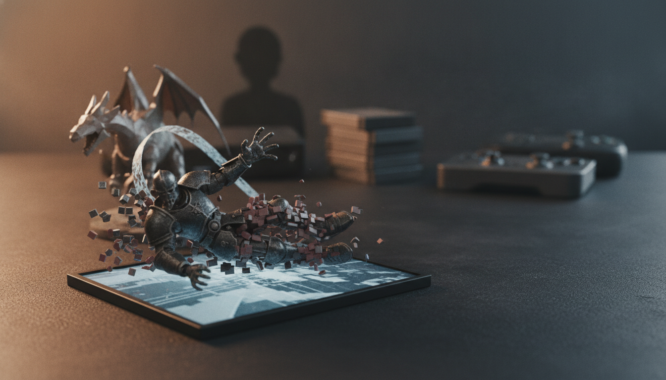 small armored figurine falls apart into tiny cubes above a glowing rectangular screen on a dark tabletop.