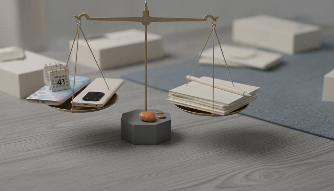 A brass balance scale holds phones and a tiny desk calendar on one side, and stacked cards with a pen on the other.
