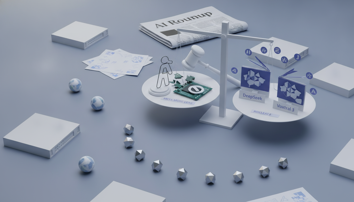 A balance scale with a broken circuit board and stick figure on one side, and two open books on the other, surrounded by servers, papers, globes, and geometric shapes.