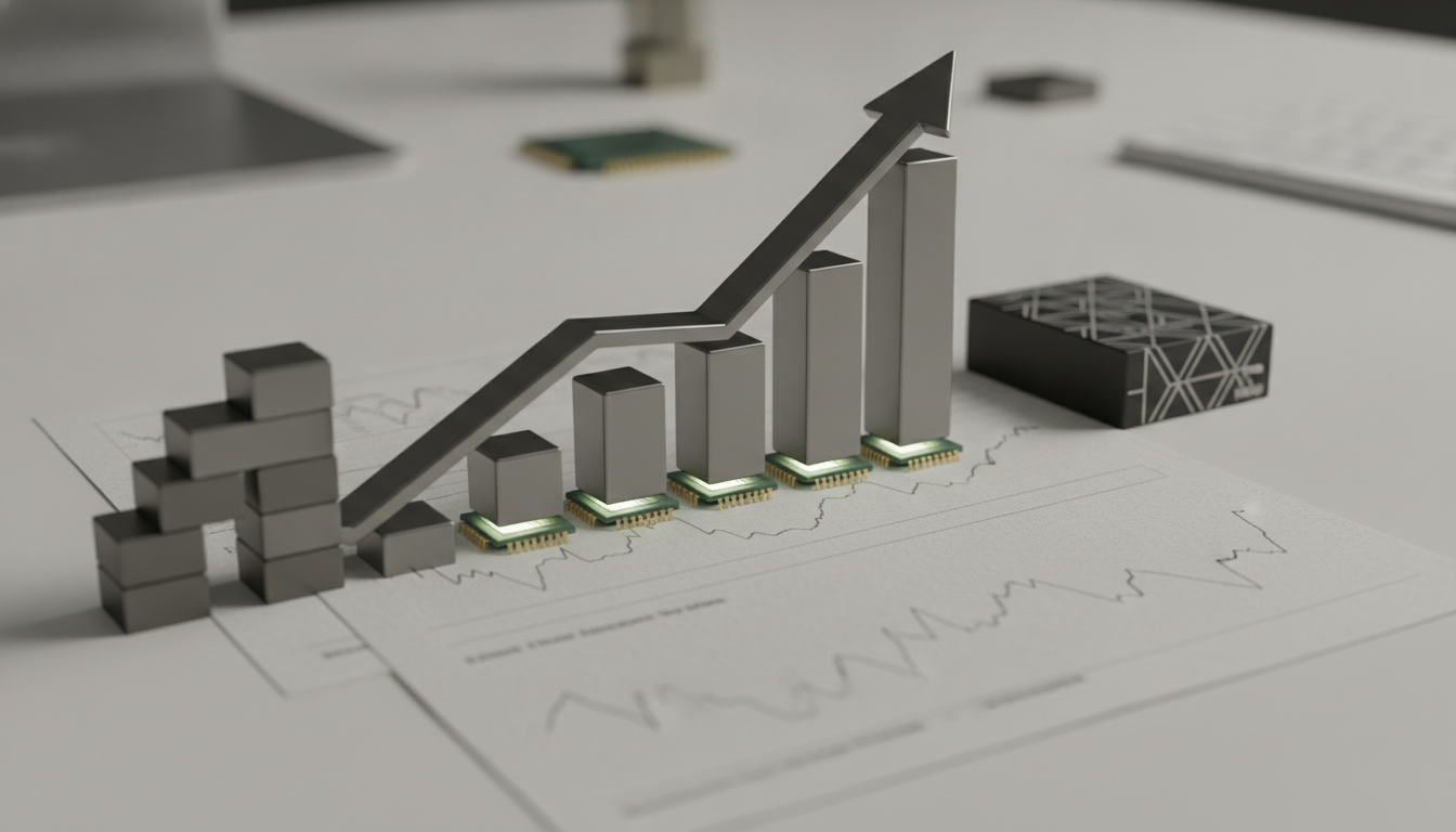 A 3D bar chart with an upward arrow and computer chips at its base is on a paper with graphs, next to a stack of gray blocks.