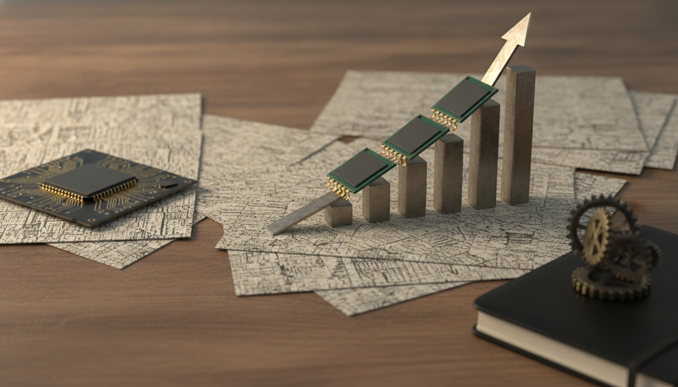 A bar chart with circuit boards rises across paper maps beside a computer chip and gears on a notebook.