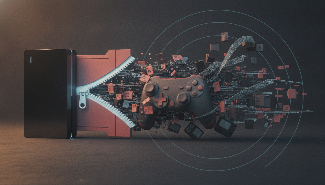 A black device unzips a red container, revealing a video game controller surrounded by digital components, data streams, and faint concentric circles.