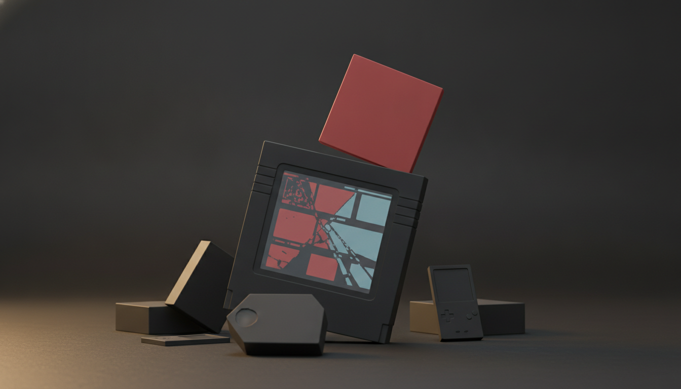 A black handheld game console stands among geometric blocks, with a red cube hovering above it.