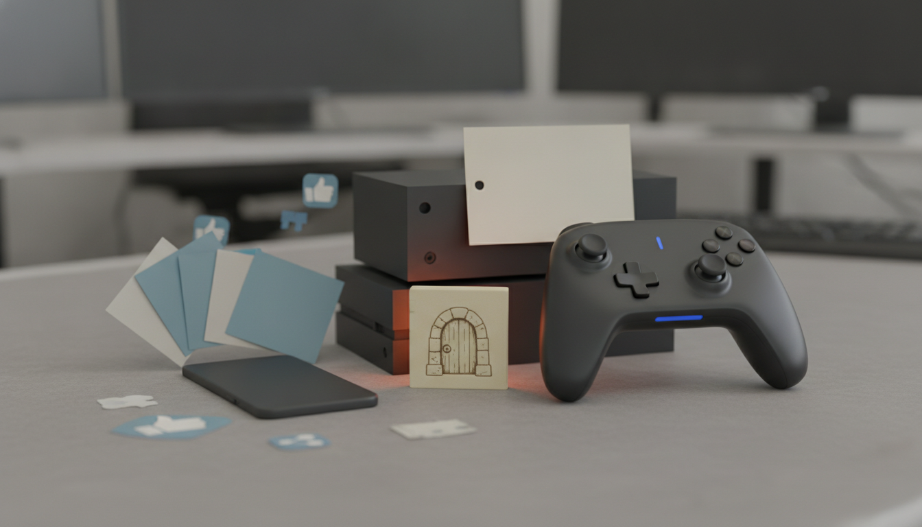 A black game controller sits beside stacked blocks, small cards, and scattered blue and white paper pieces on a gray surface.