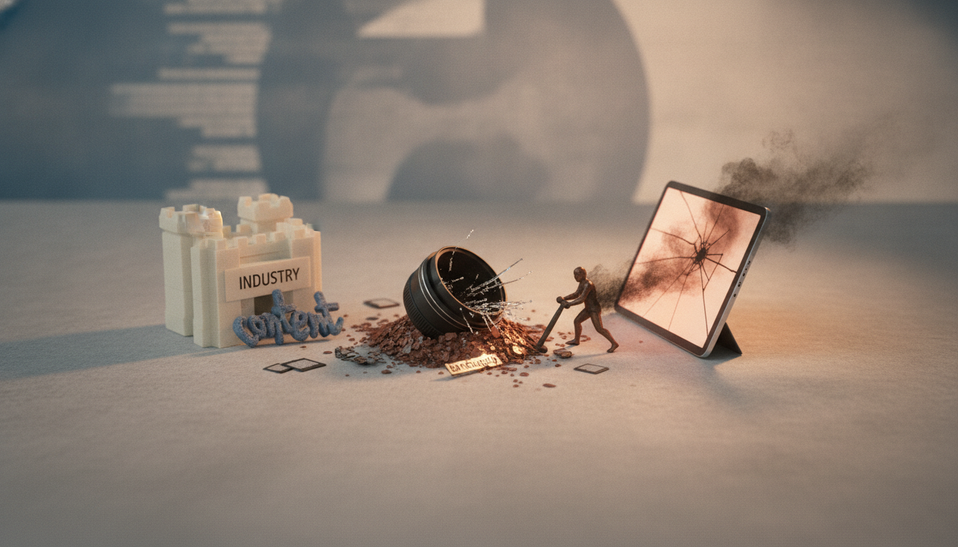 A small block structure, a tipped black cup spilling dirt, a tiny figure pushing, and a cracked tablet leaning on a stand.
