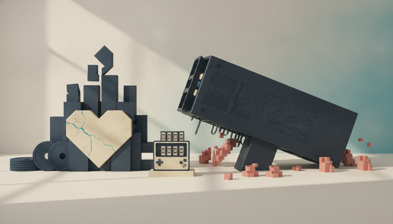 A dark blocky structure with a cracked heart sits beside a tilted black console and scattered pink cubes.