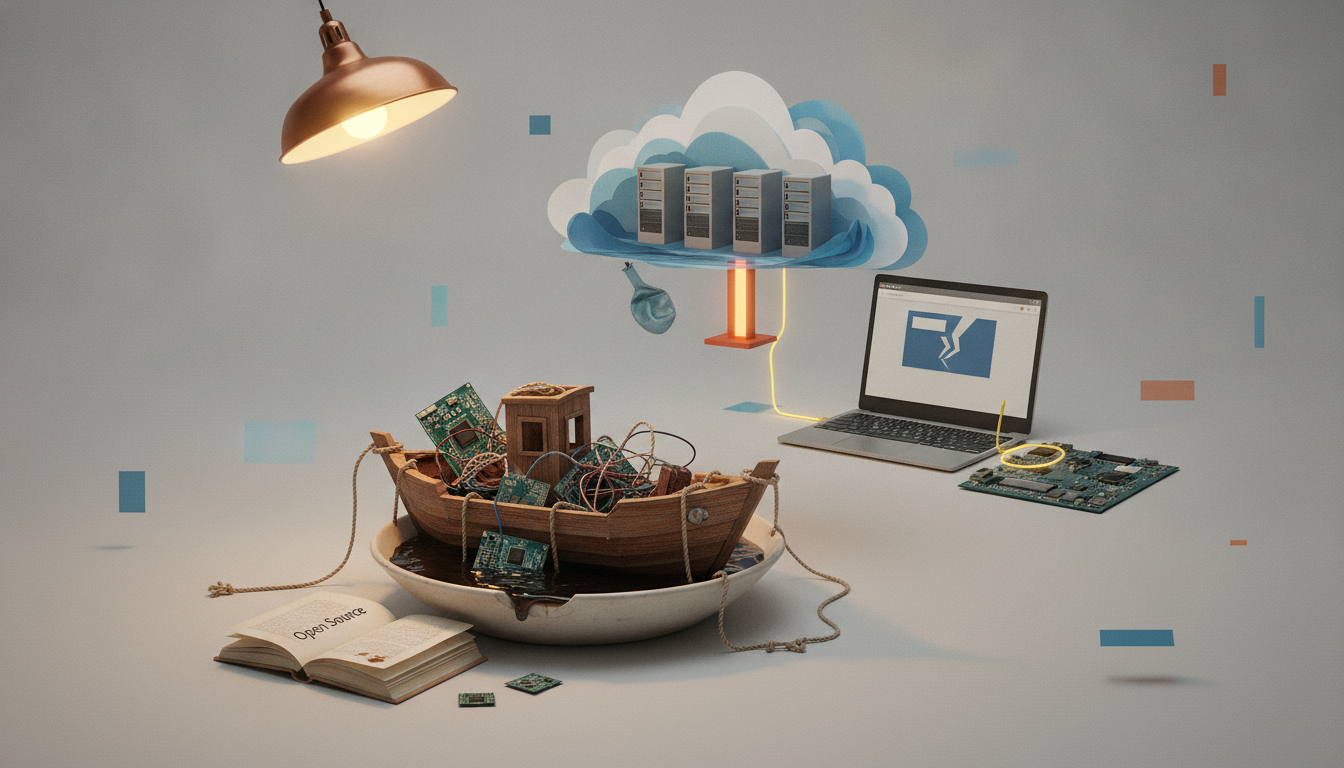 a wooden boat filled with circuit boards sits in a bowl beside an open book, with a laptop, glowing lamp, and cloud of servers nearby