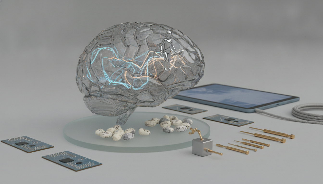a translucent brain sculpture on a round base with small stones, circuit boards, gold tools, and a tablet nearby