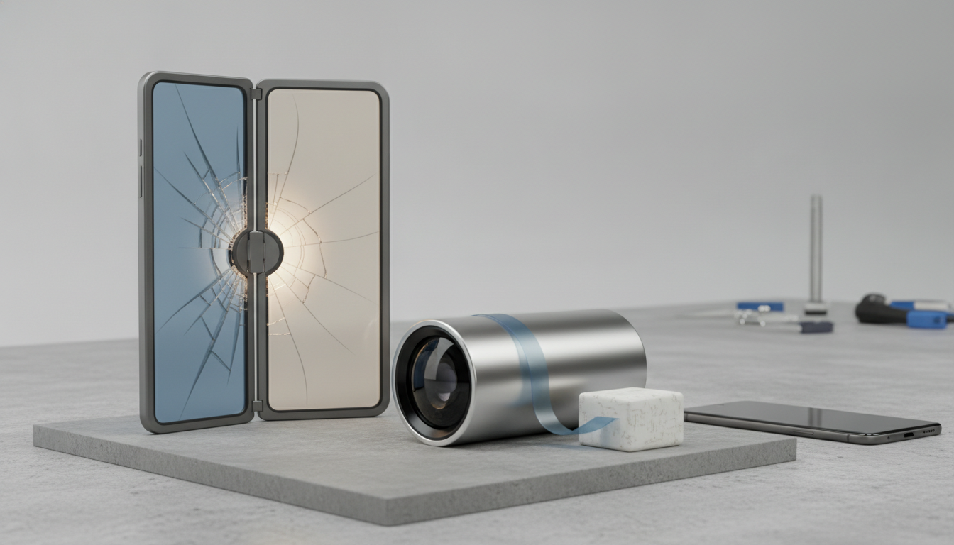 A broken foldable phone stands on a grey slab, next to a silver cylinder with a blue strip, a white cube with a blue strip, and a flat phone, with blurred tools in the background.