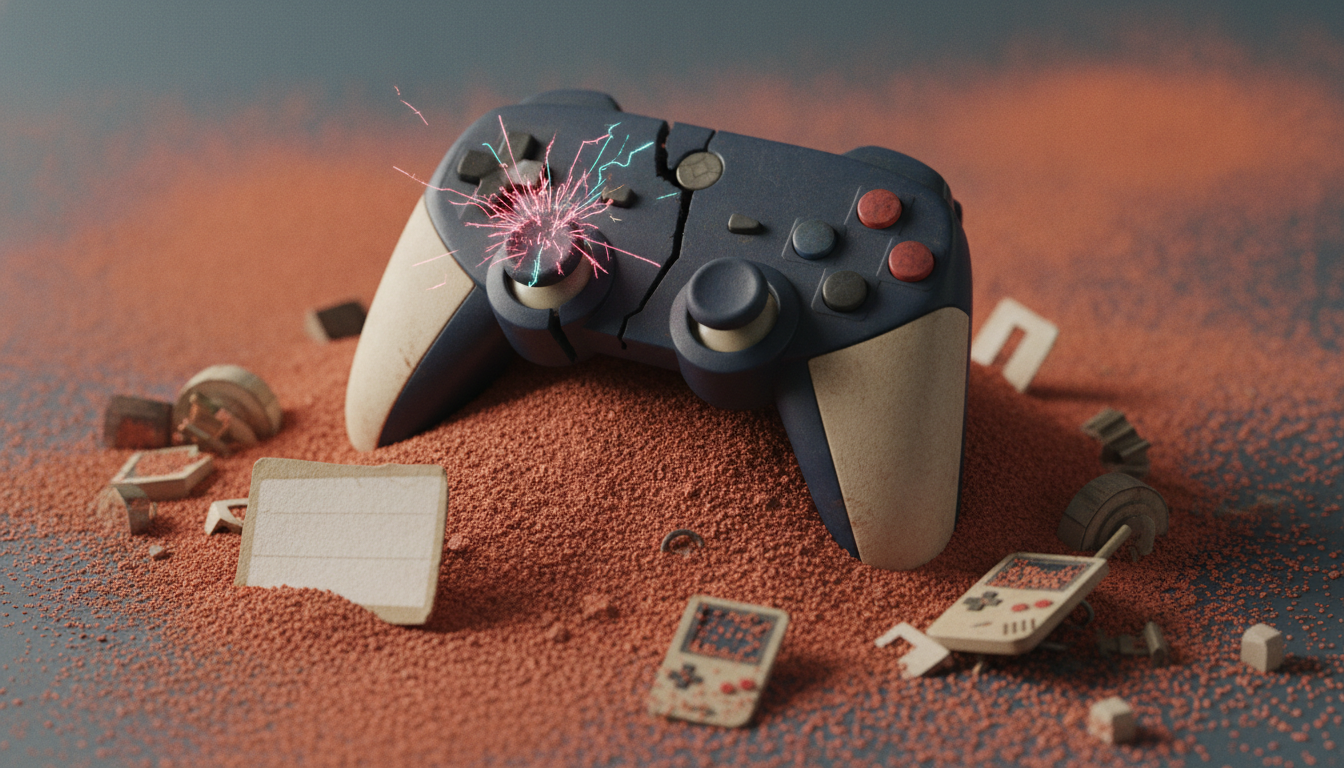 a broken game controller sits in a mound of reddish dust with scattered small electronic parts around it