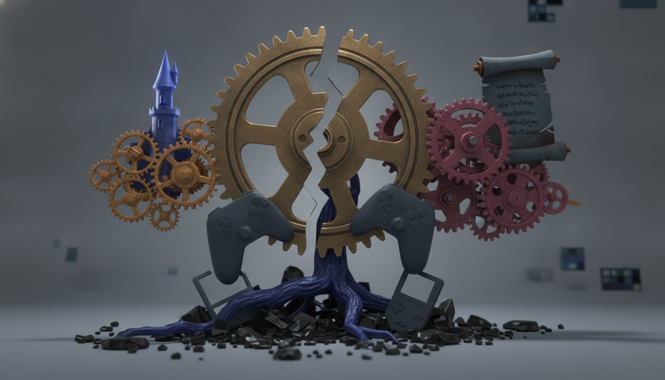 A cracked gold gear stands above blue roots, flanked by smaller gears, game controllers, and a torn scroll.