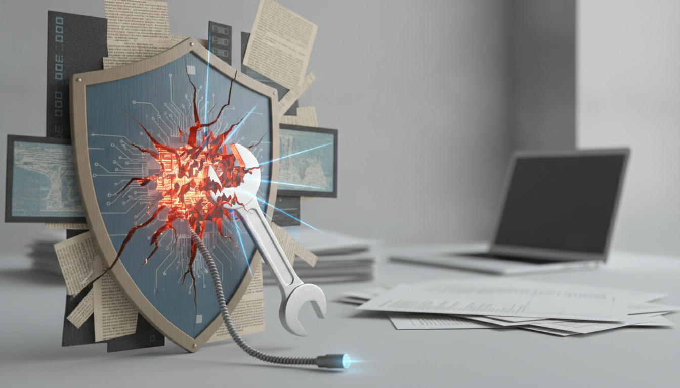 A broken shield with circuit patterns and red cracks is pierced by a wrench connected to a glowing cable, with papers and a blurred laptop in the background.