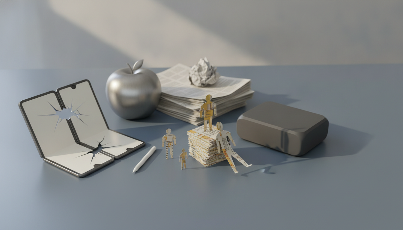 A broken foldable smartphone, a white stylus, a metallic apple, a stack of newspapers with a crumpled paper, several paper cut-out people, and a gray block are on a blue surface.