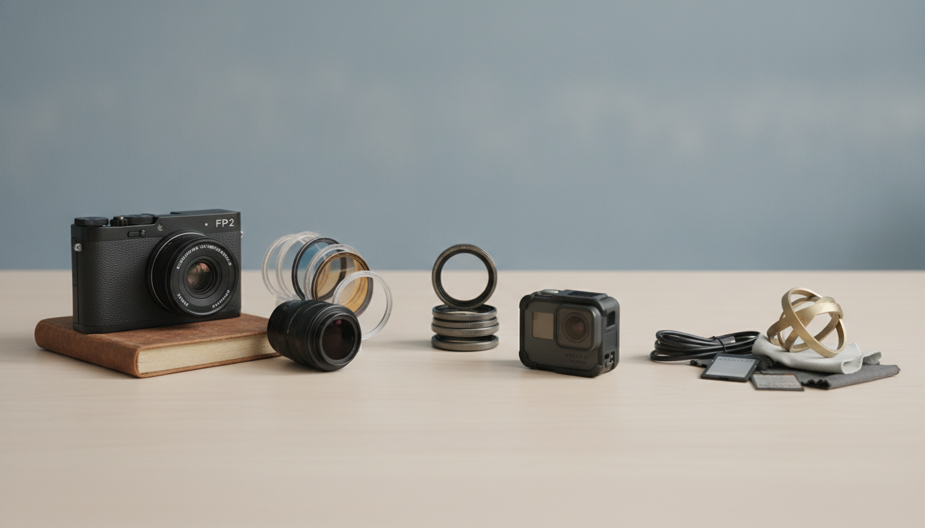 A black camera on a book, a lens, various camera filters, a GoPro, a cable, memory cards, a cloth, and a golden sphere are on a table.