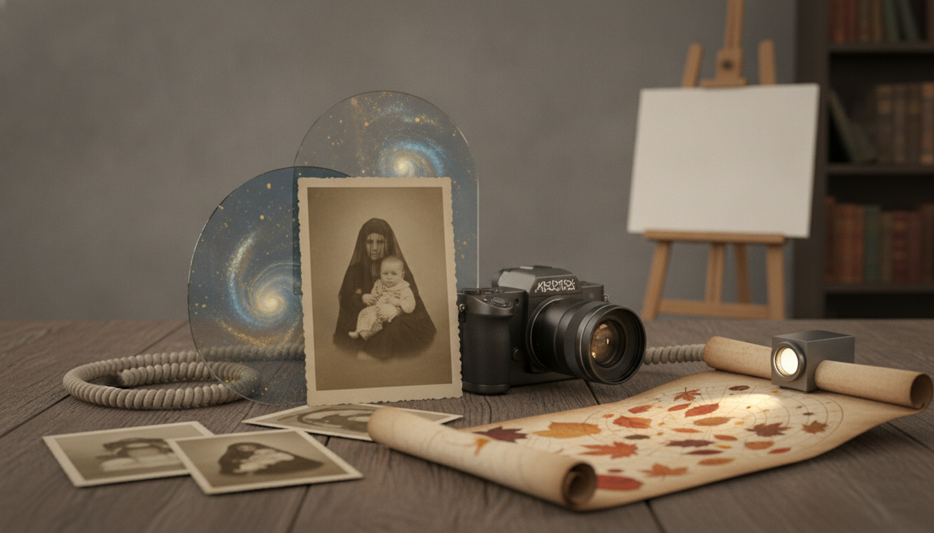 a camera, old photographs, a rolled map, and a small easel sit on a wooden table