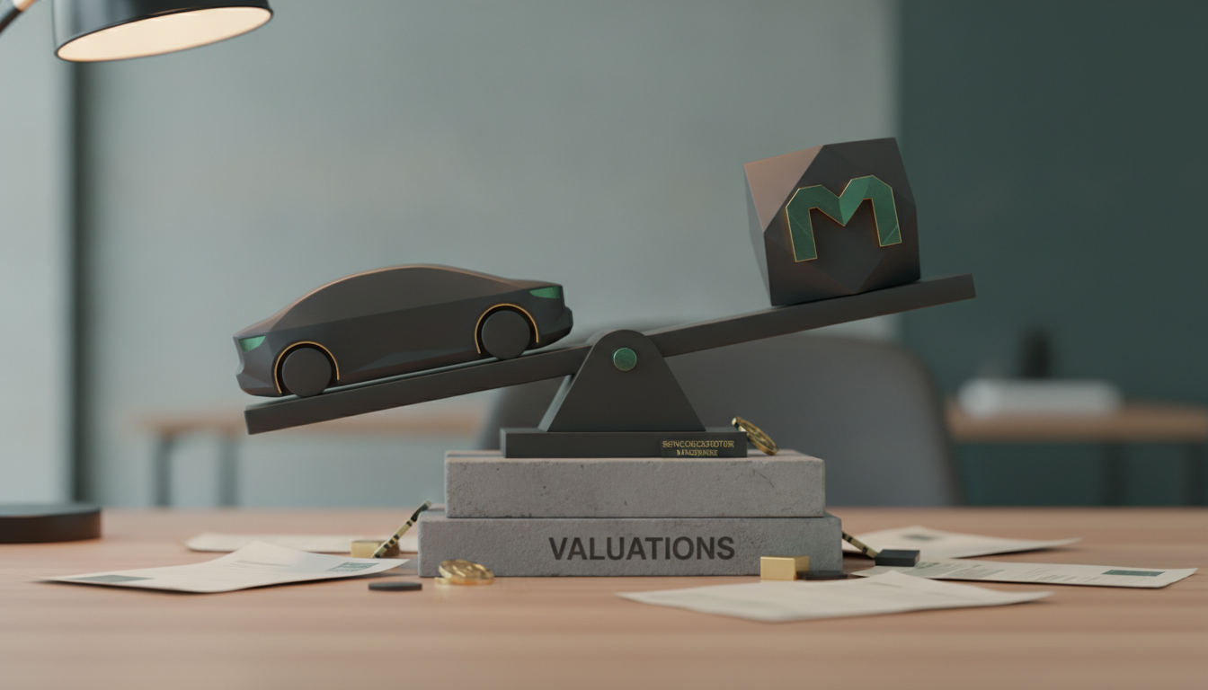 A seesaw balances a dark gray car and a block with a green 'M', resting on concrete blocks labeled 