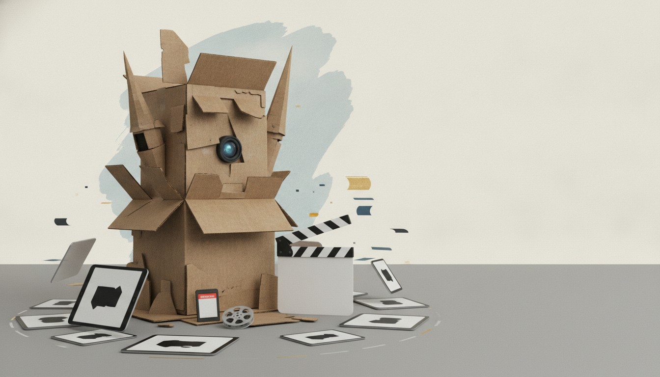 A cardboard robot tower with a blue lens eye stands beside a clapperboard and scattered screens.