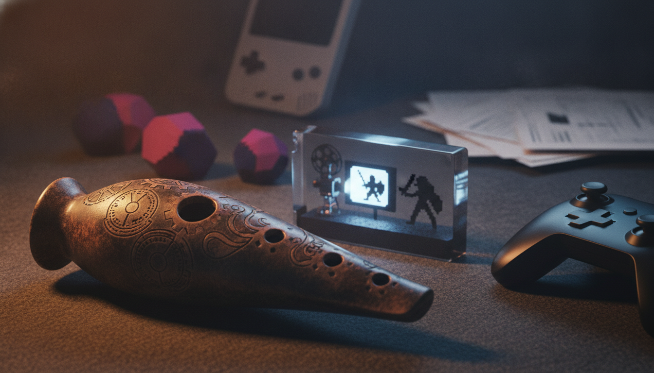 A carved wooden flute, a clear block with tiny figures, and a game controller sit on a dark table with papers and polyhedral dice nearby.