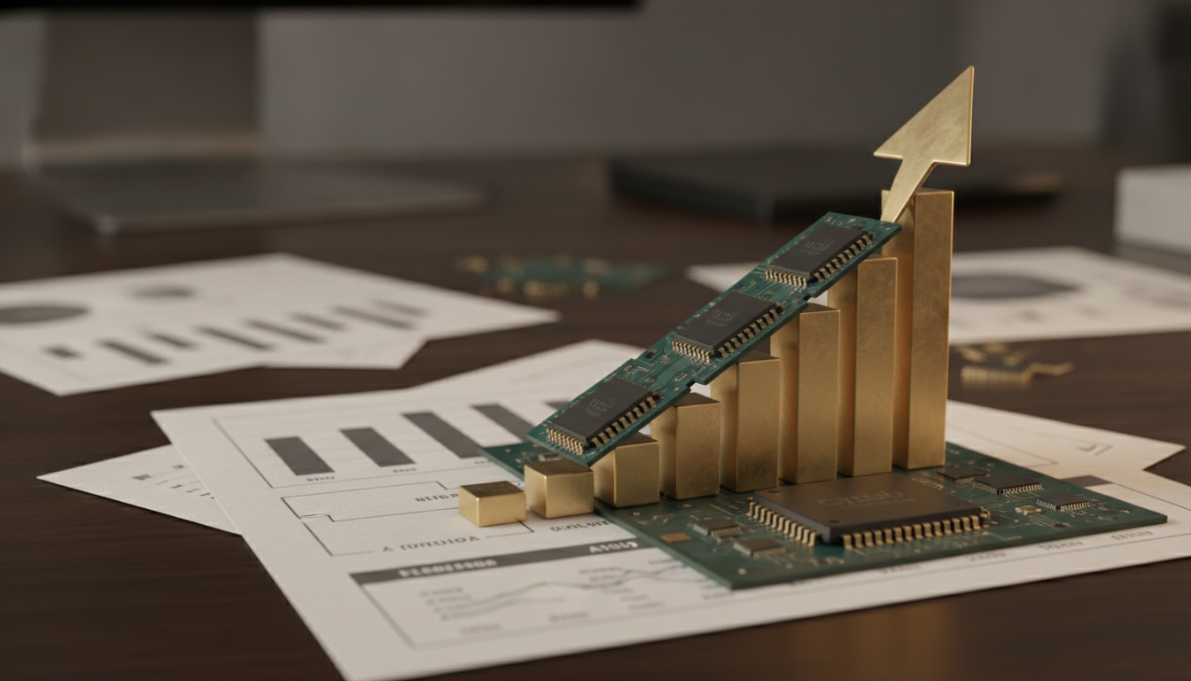 A green circuit board with chips rises diagonally over a golden bar graph with an upward arrow, surrounded by papers with charts on a wooden desk.
