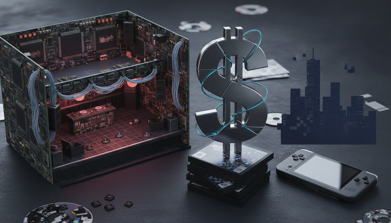 A miniature circuit-board room sits beside a metallic dollar sign, stacked cards, a handheld game console, and a dark city silhouette.