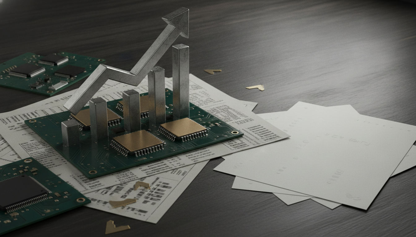 A silver bar graph and an upward arrow rise from a circuit board, surrounded by other circuit boards, papers, and a stack of white embossed papers on a dark wooden surface.