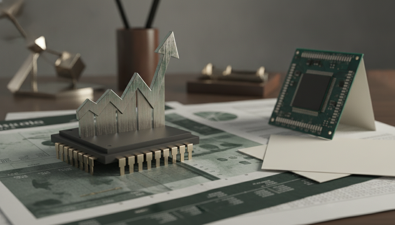 A circuit chip topped with a rising arrow sits on printed papers beside a green microchip board.