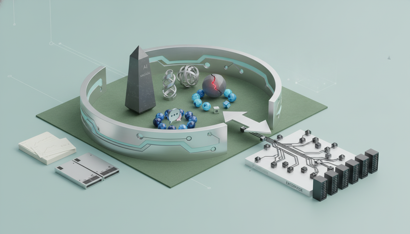 A circular metallic enclosure surrounds a black obelisk, spheres, arrows, circuit-like paths, and small server-like blocks on a pale green base.