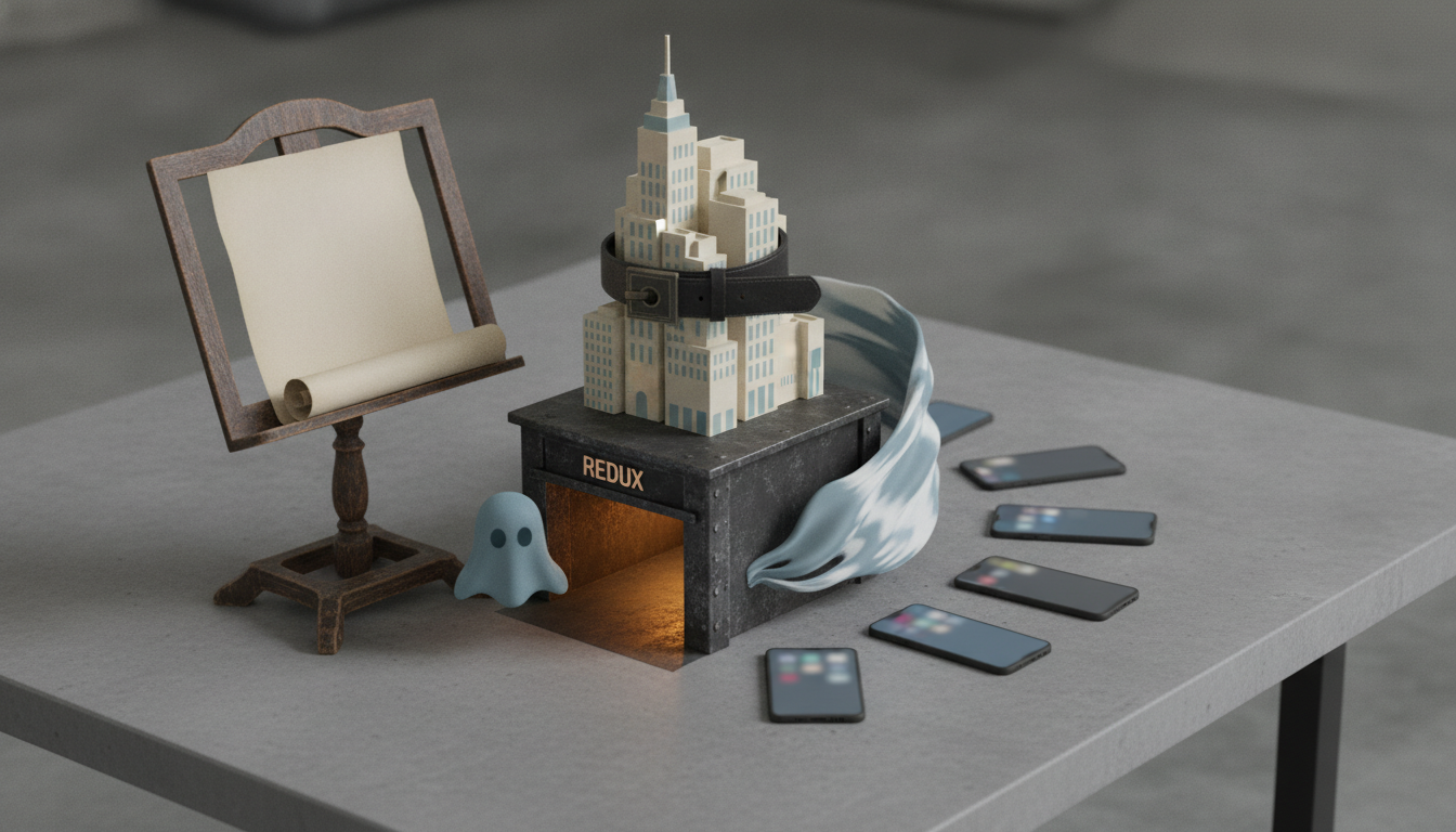 A small city model strapped to a black box sits beside a blank easel, a tiny ghost figure, flowing cloth, and several smartphones on a table.