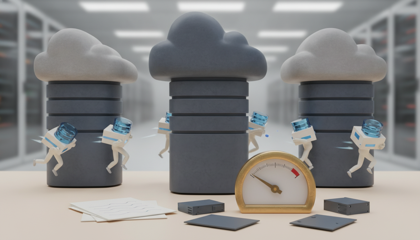 Three cloud-topped data stacks are surrounded by small figures carrying water bottles, with a gauge and papers on a table in front of a blurred server room.