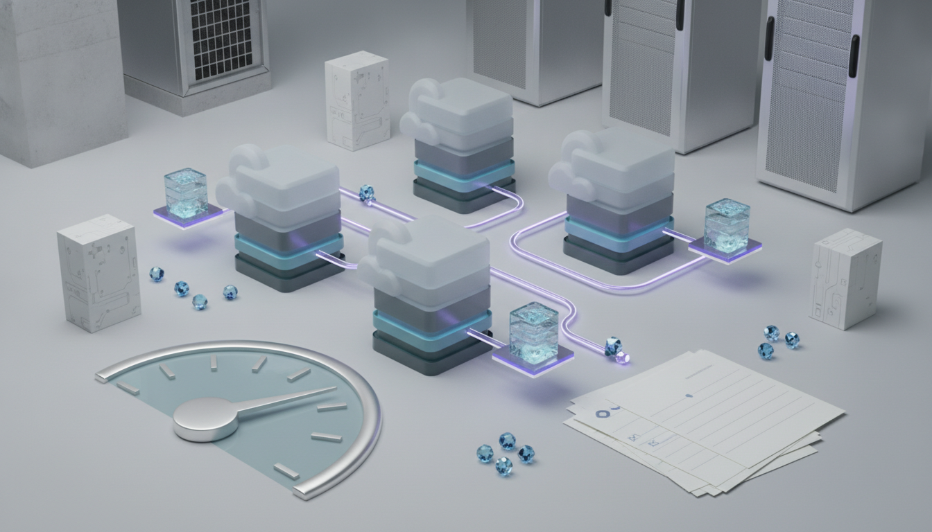 A 3D rendering shows three cloud-like data stacks connected by glowing tubes to liquid-filled cubes, surrounded by server racks, a large gauge, papers, and scattered blue gems on