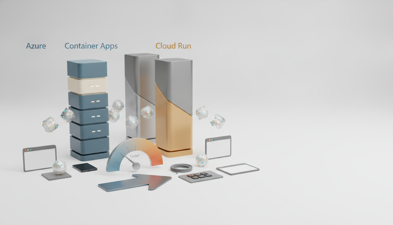 Azure, Container Apps, and Cloud Run labels above stacked blocks, floating cubes, browser windows, a gauge, an arrow, and small devices on a light background.