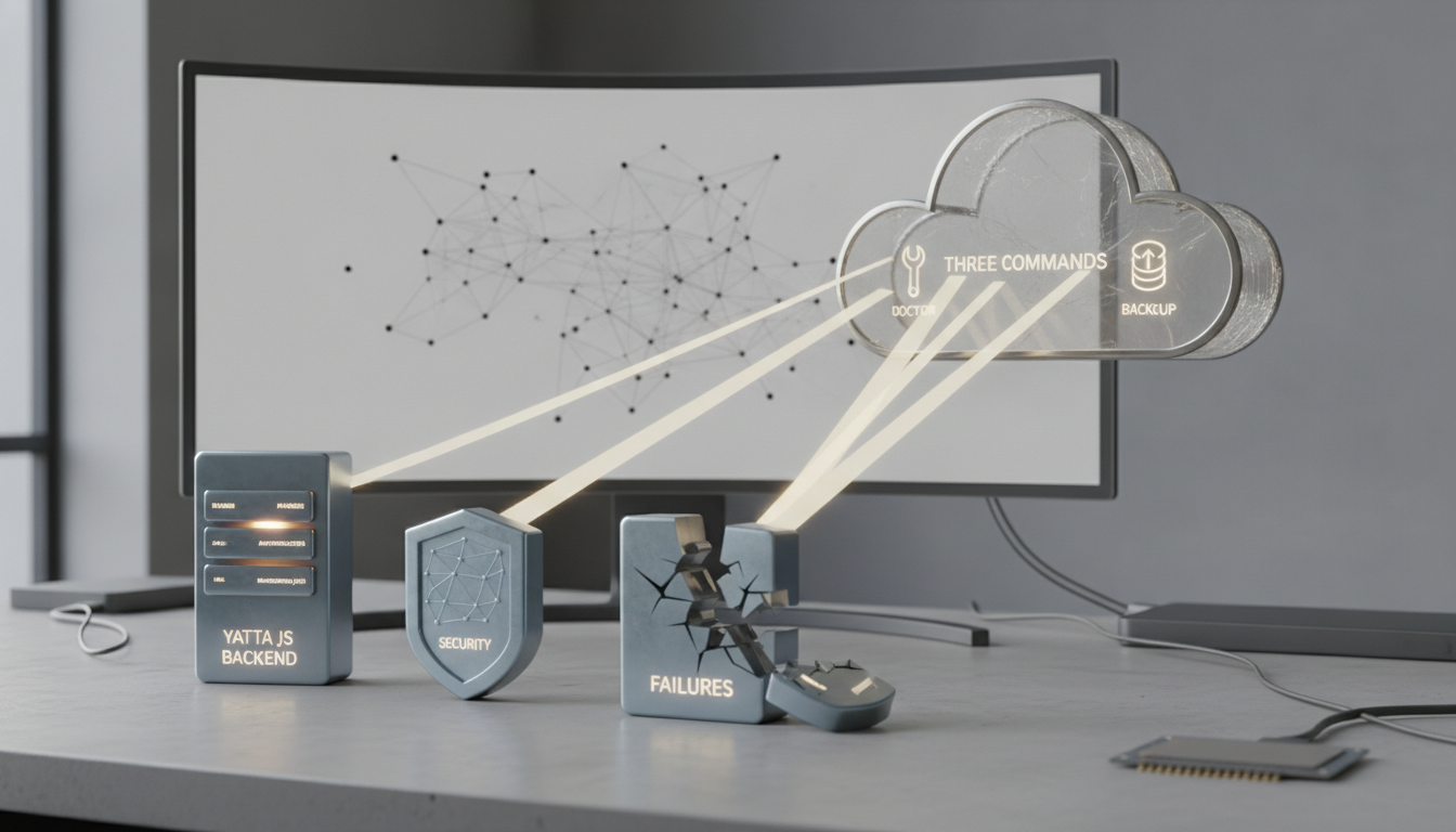 A desk setup with a monitor showing a network, a cloud icon with 'THREE COMMANDS', a 'YATTA JS BACKEND' server, a 'SECURITY' shield, and a broken 'FAILURES' block, all connected