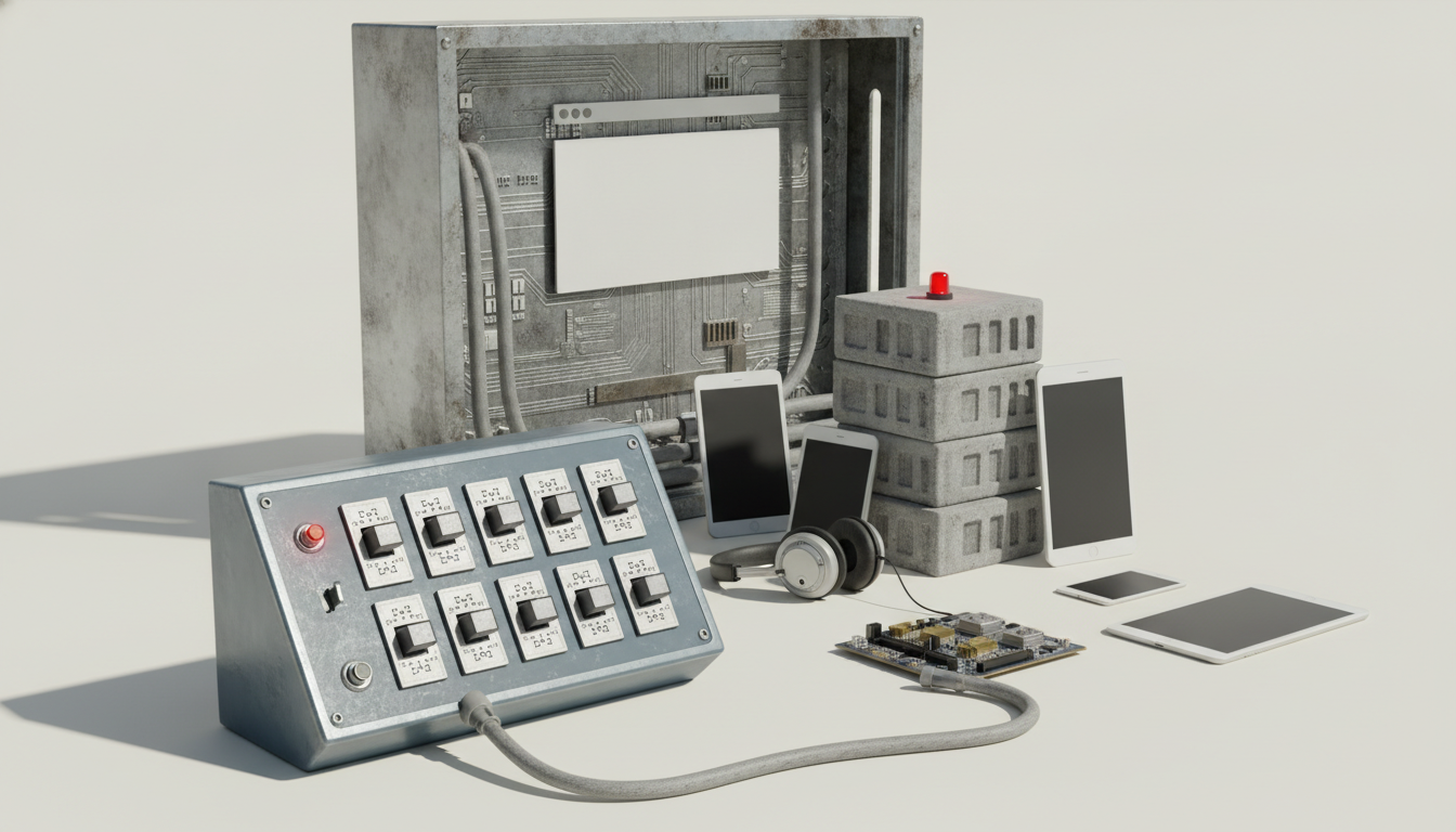 A control panel with switches sits beside several smartphones, headphones, circuit boards, stacked blocks, and a large metal frame.