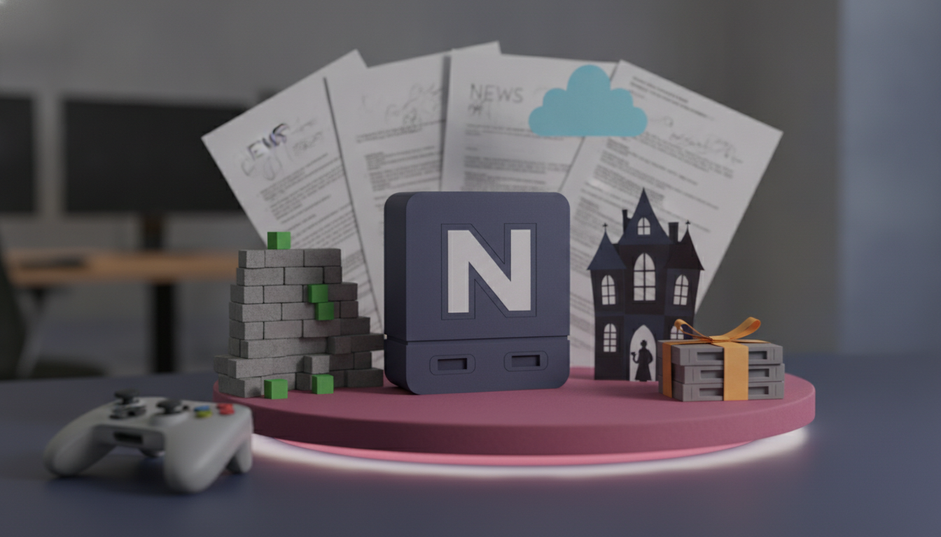 A video game controller, a brick structure, an 'N' console, a haunted house cutout, and ribbon-tied boxes are on a pink platform, with fanned papers and a blurred background.