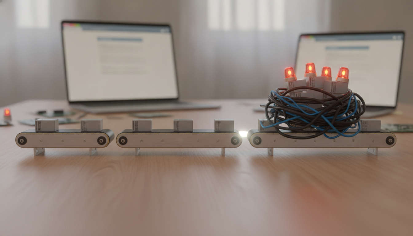 Three miniature conveyor belts on a wooden desk, with boxes on the first two and a pile of wires and flashing red lights on the third, with two blurry laptops in the background.