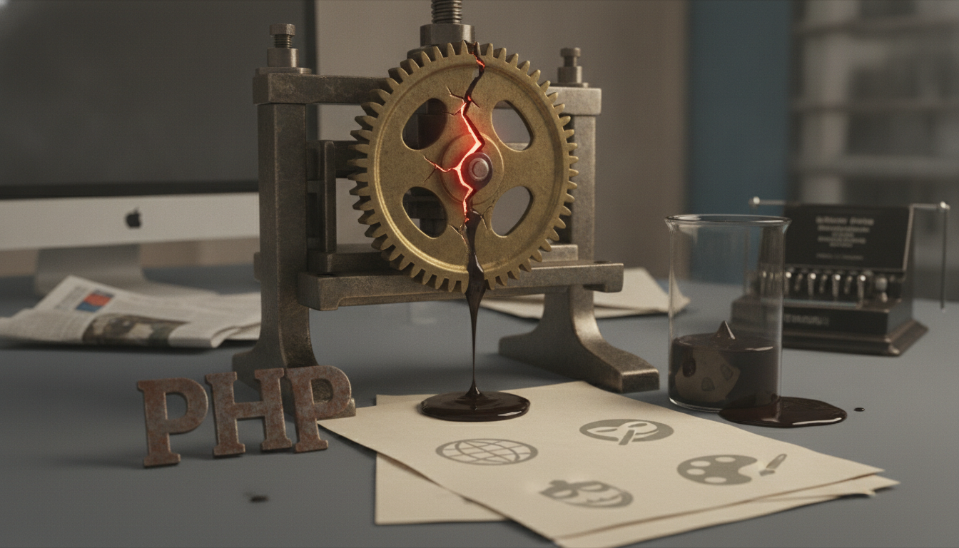 A cracked, glowing gear in a metal press drips dark liquid onto papers with symbols, next to rusty 'PHP' letters, a beaker, and a computer.