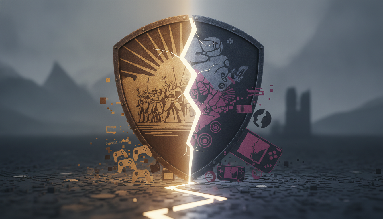 A cracked shield glows, depicting medieval warriors on the left and a futuristic robot on the right, with gaming controllers and pixelated elements on a tiled ground.