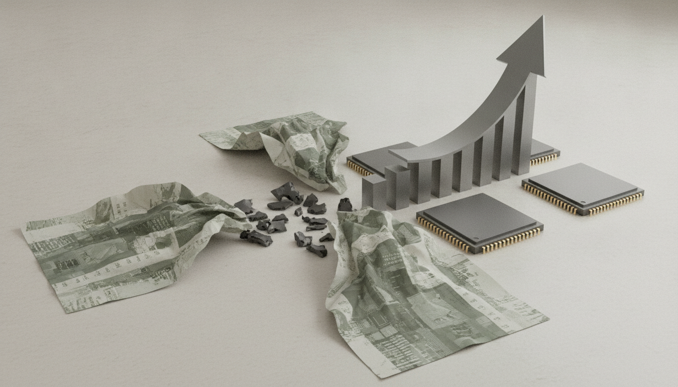 crumpled banknotes, scattered dark fragments, three computer chips, and a rising arrow chart