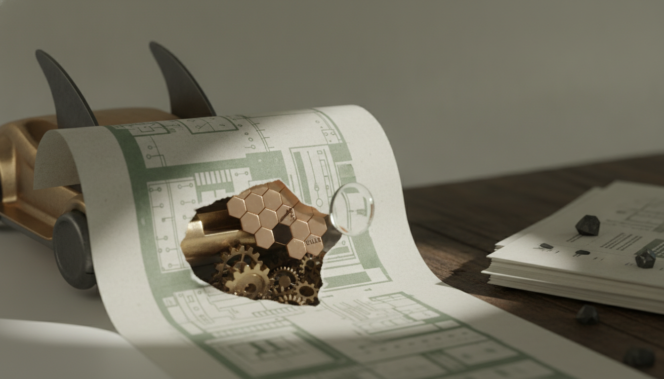 a curled sheet with green circuit-like markings reveals small gold gears and hexagonal pieces, with a stack of papers beside it