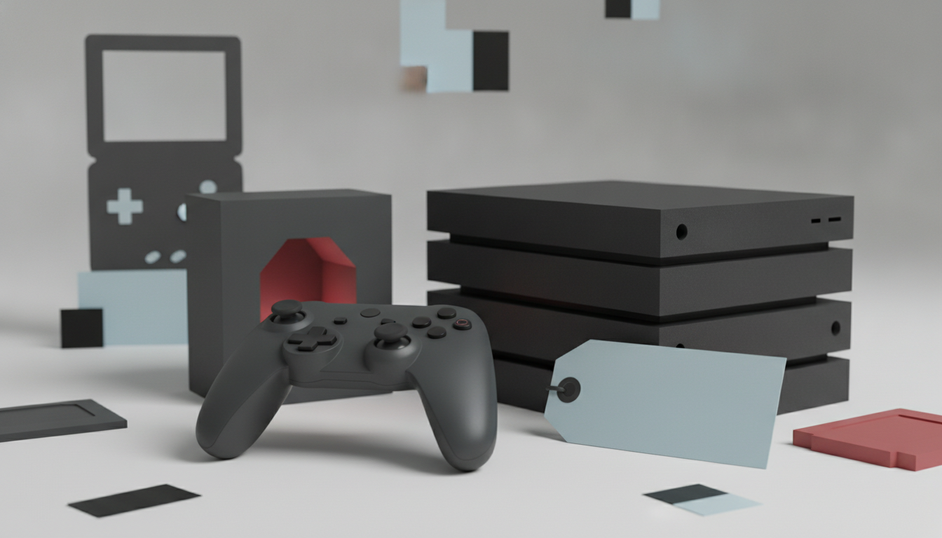 A dark gray video game controller is in the foreground, with a stack of consoles, a box, and a handheld gaming device silhouette, plus scattered geometric shapes.
